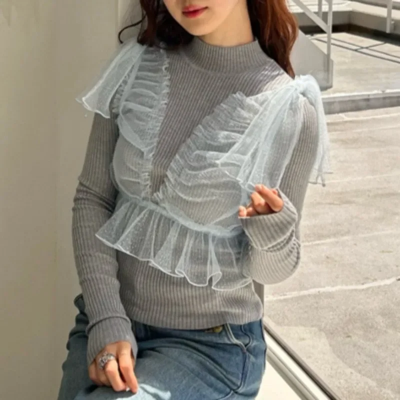 Japan Style 2025 Spring New Fashion Voile Vest + Half High Collar Long Sleeve Knit Pullovers Sweet Jumpers Women Suit