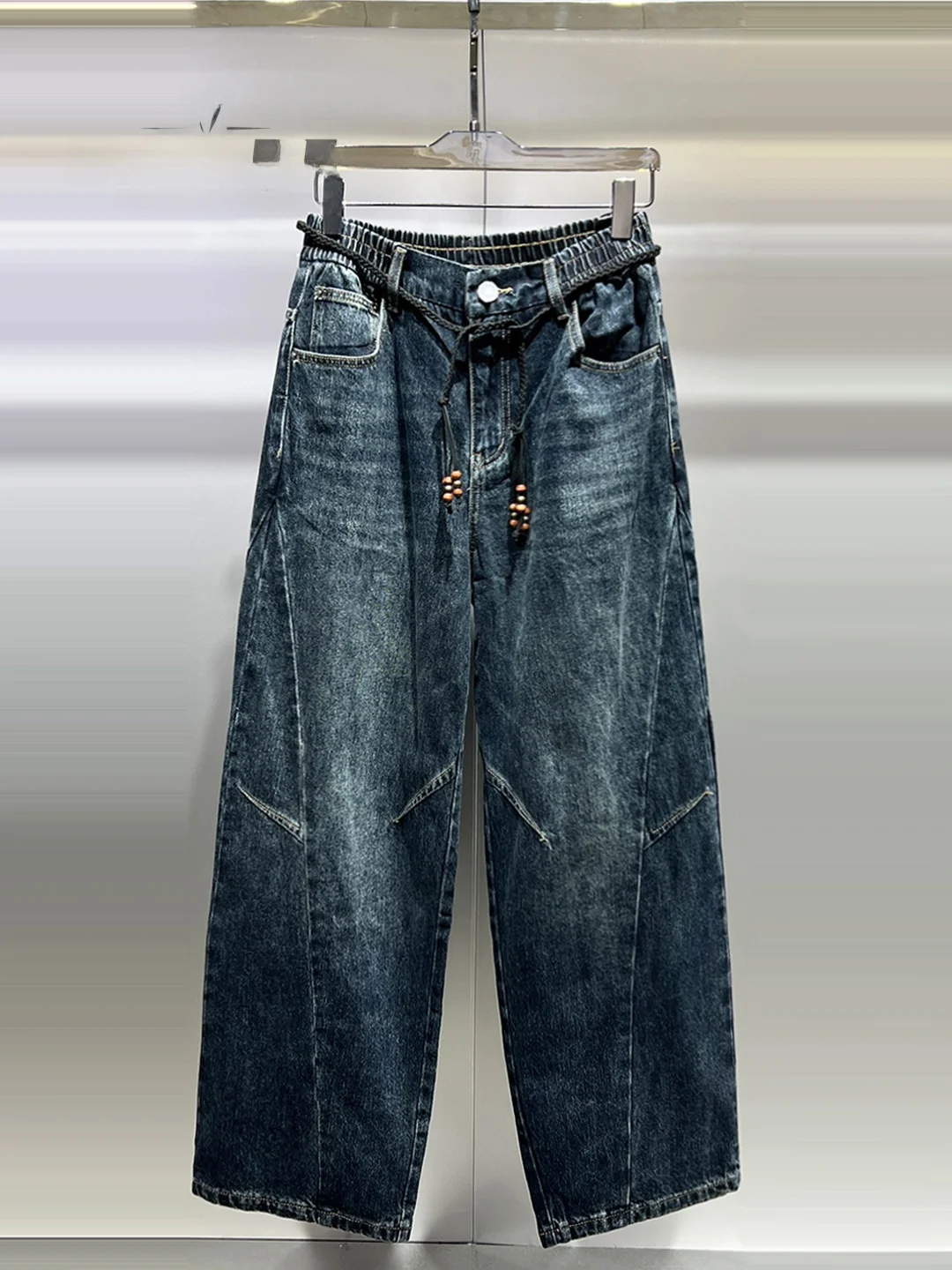 

Men's Winter Fashionable Loose Fit Denim Pants Trousers with Fleece Washed Knife Patchwork Straight Leg Jeans