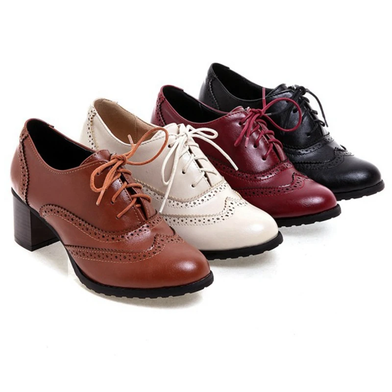 ASILETO New 2021 Women Pumps Round Toe 5.5cm Wood Heels Platform Brogue Student Carved Retro Lace-Up Classic Spring D586