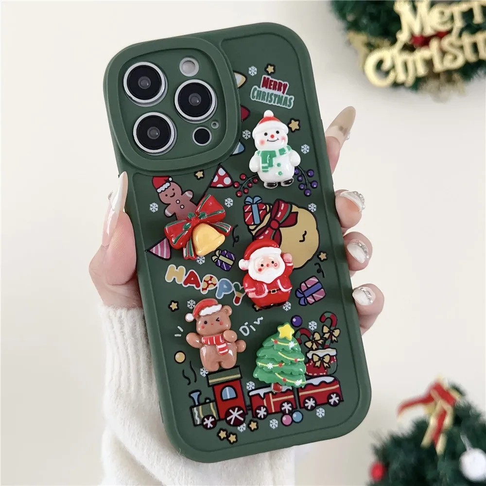 Cartoon Christmas Phone Case For iPhone 15 16 12 14 11 13 Pro Max 7 8 Plus X XR XS 3D Santa Claus Snowman Christmas Tree Cover