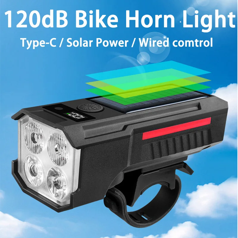 مستشعر الضوء LED للدراجة الأمامية مصباح يدوي آمن للطاقة الشمسية/Type-C شحن ضوء أمامي للدراجة الجبلية لركوب الدراجات الليلية في الهواء الطلق