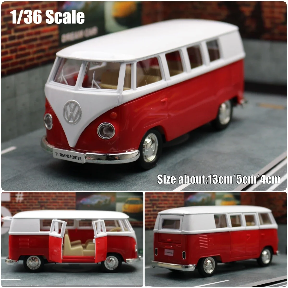 1/36 Volkswagen T1 Samba Bus Toy For Children RMZ City Classical Diecast Miniature Vehicle Model Pull Back Collection Gift Boys