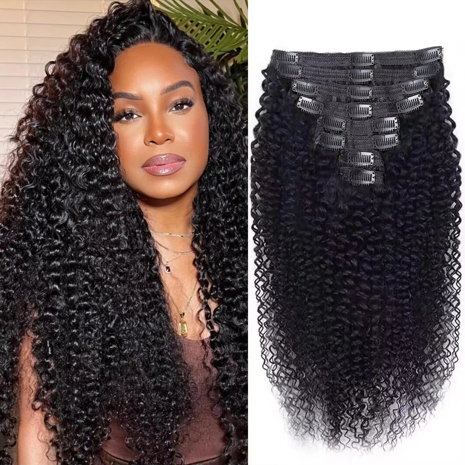 

Afro Kinky Curly Natural Black Human Hair Easy Install Kinky Curly 8PCS Clip-in Full Head Human Hair Clip In Hair Extensions