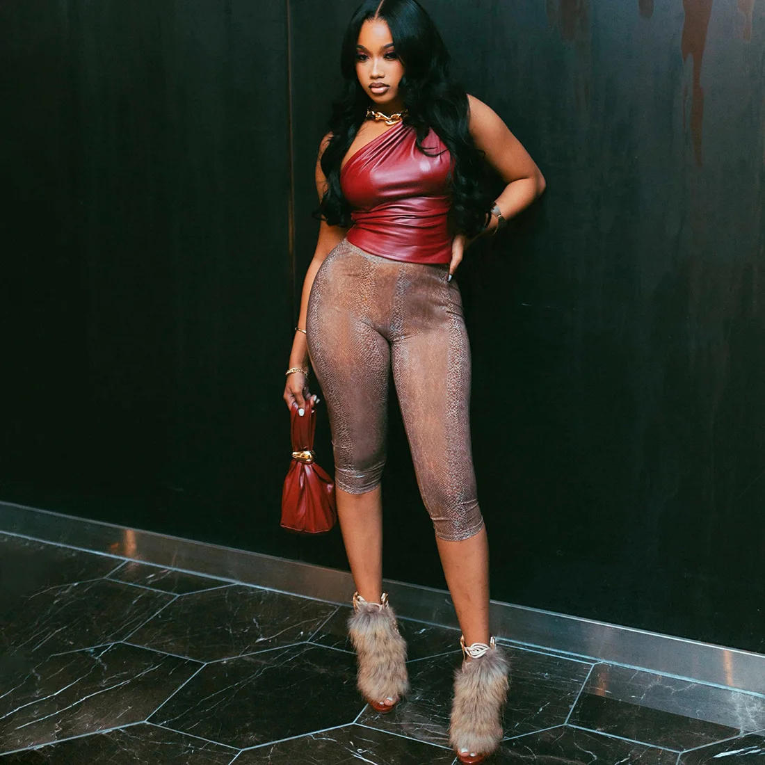 2026 New Creative Streetwear Leather Off-the-Shoulder Sleeveless Bodysuit Set