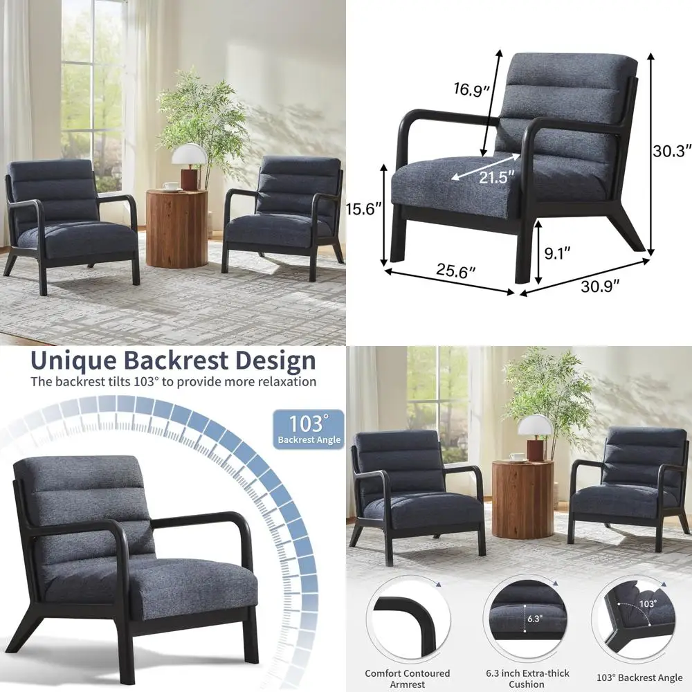 pair of mid-century modern rubberwood accent chairs: upholstered high-back reading armchairs