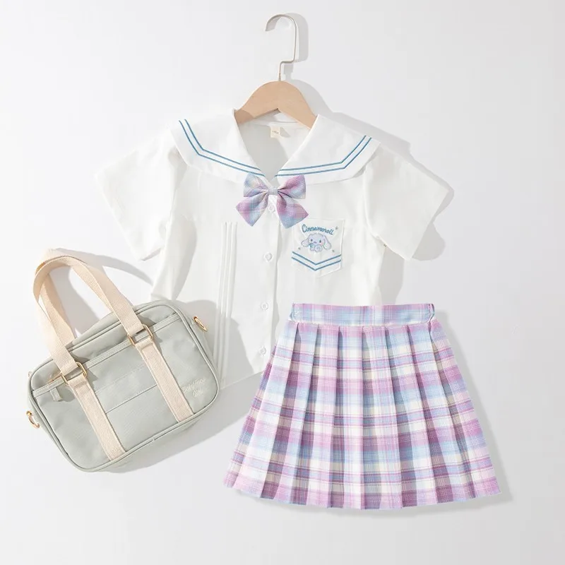 Summer Girls Dress Suit Teens Girls JK Uniform Skirt Children College Style Skirt Kids Short Sleeve Shirt Pleated Skirt 2Pcs Set