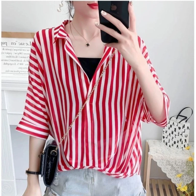 Polo Neck Striped Thin Short Sleeve Vintage Blouse Summer Loose All-match Street Casual Shirt Tops Fashion Office Women Clothing