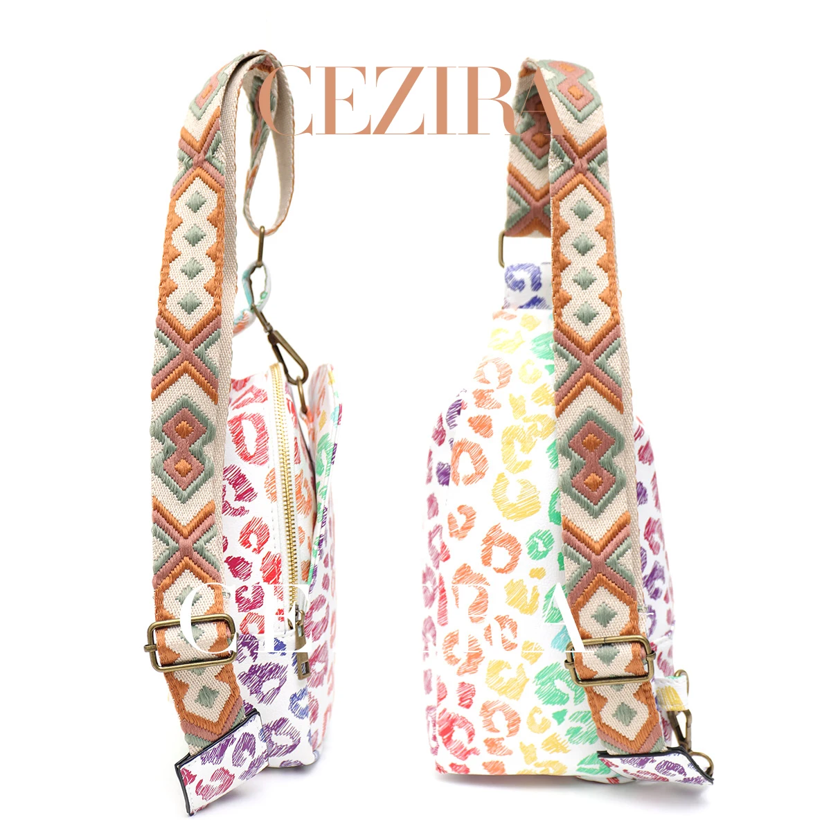CR Colorful Leopard Print Multi‑functional Chest Bag Ethnic Element Wide Strap Lightweight Casual Crossbody Purse Multi‑pocket F