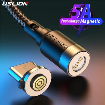 USLION 5A 마그네틱 USB 충전 케이블, USB C 타입 고속 충전 케이블, 아이폰 14 샤오미용 마그넷 마이크로 USB 데이터 충전 와이어 코드