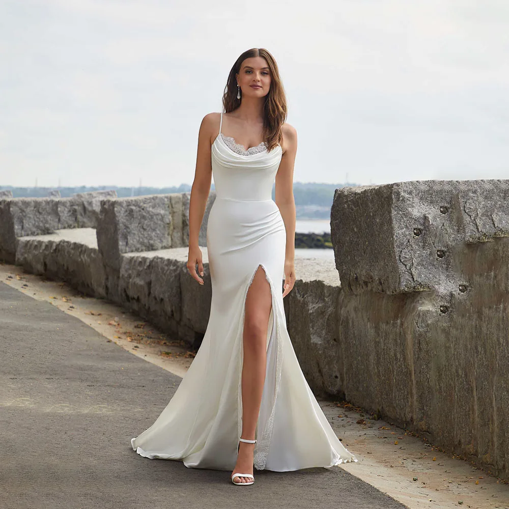 

Spaghetti Straps Sweet Pleated Wedding Dresses Lace Sexy Side Split Wedding Gowns Backless Mermaid Court vestido de novia