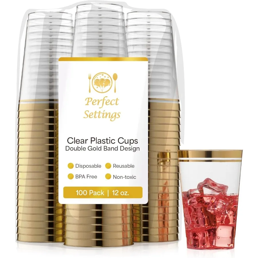 

Идеальные настройки. Одноразовые пластиковые стаканчики премиум-класса с двойной золотой оправой для холодных напитков и коктейлей. Прочный прозрачный пластик BPAFREE.