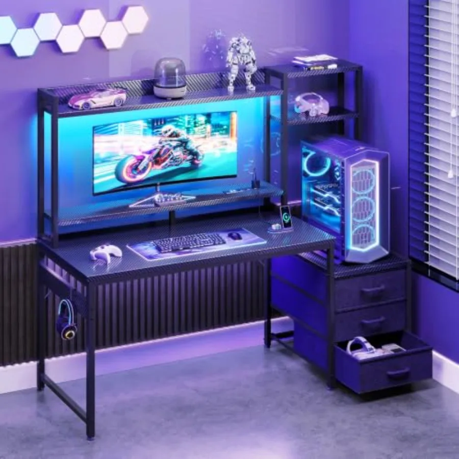 Gaming Desk with Shelves, 3 Drawers, LED Light, and Hutch for Home Office Use Engineered Wood, Black, Spacious Storage Ambient