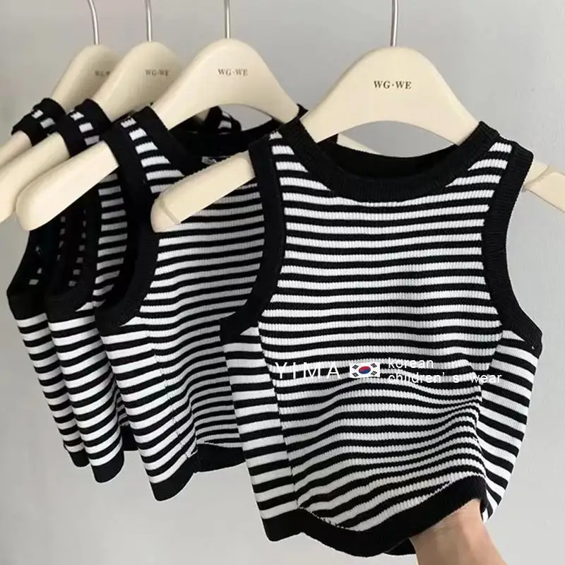 Summer Kids Girls Clothes Black and White Stripes Vest Baby Girls Fashionable and Simple Crew Neck Loose Thin Tank Top