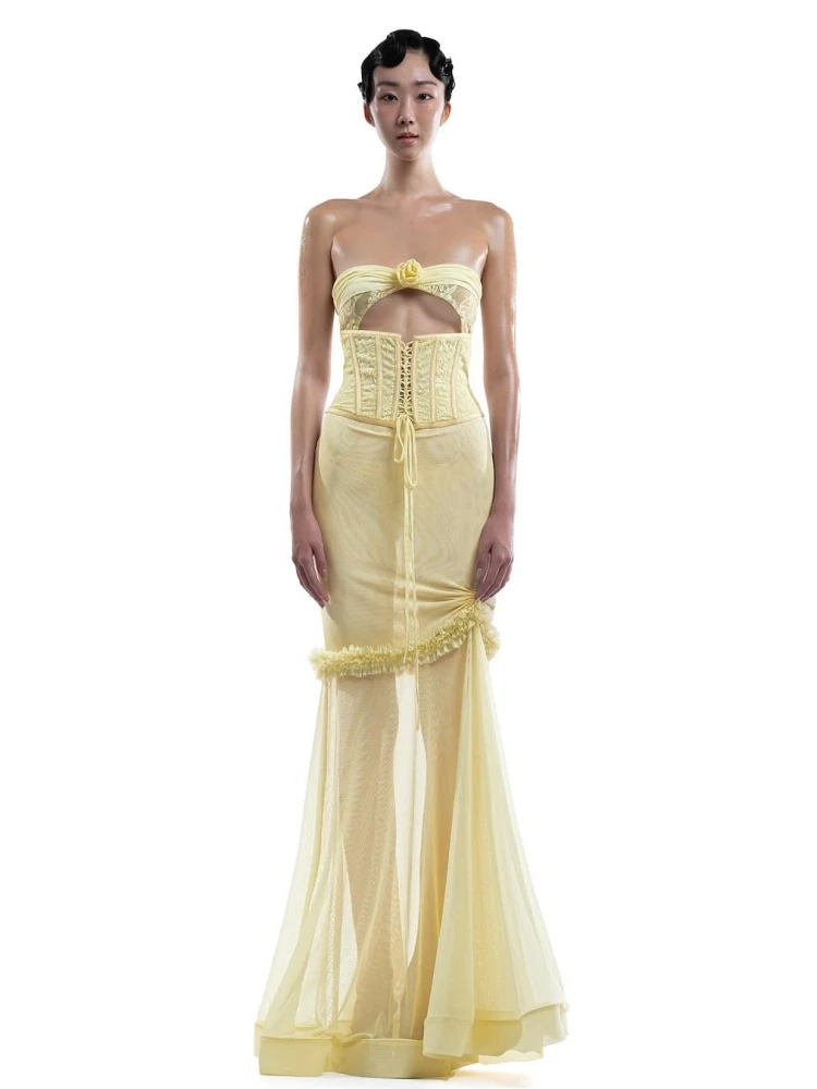 Sexy Strapless Flower Ruffles Patchwork Mesh Long Dress Women Sleeveless Lace-up Hollow Out Slim Dresses Evening Party Cocktail