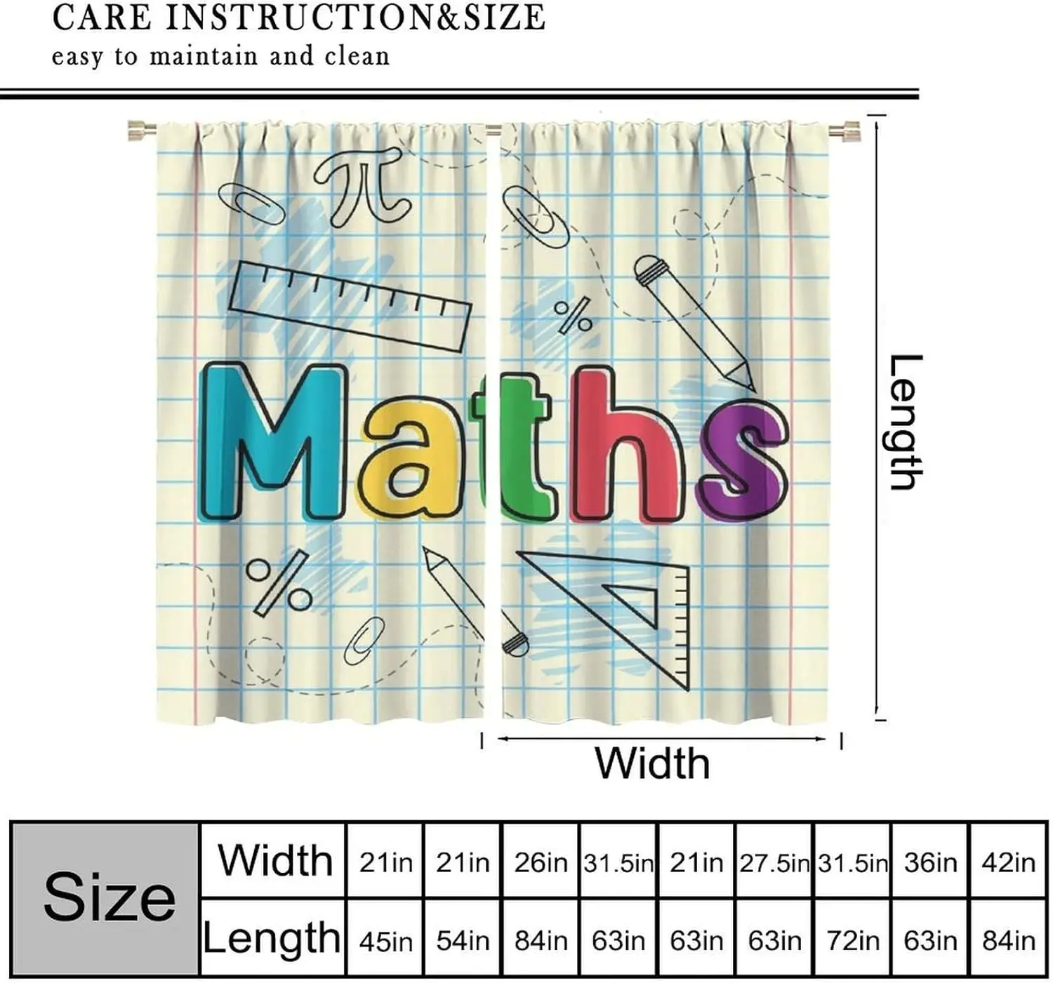 Educational Maths themed window curtain 2pcs School classroom decor academic science geometry study print curtain panel