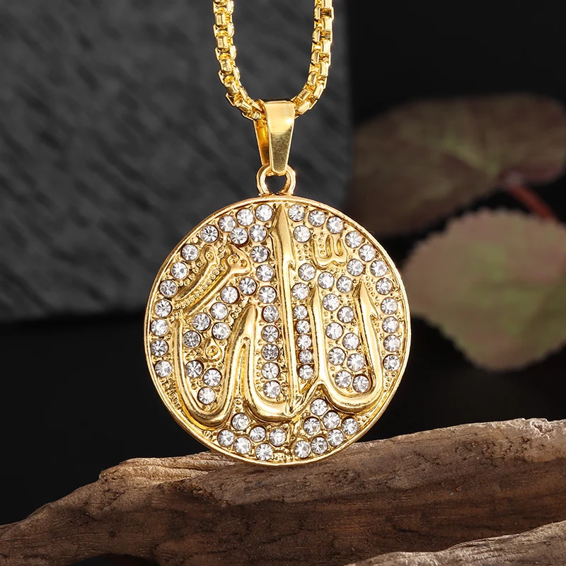 Islamic Muslim Quran Allah Round Pendant Necklace with Sparkling Zircon for Women Fashion Hip Hop Ramadan Jewelry