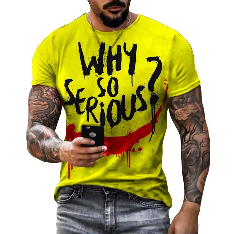 Letter printed men\'s T-shirt WHY SO SERIOUS printed yellow short sleeved men\'s hip-hop style clothing casual top O-neck oversize