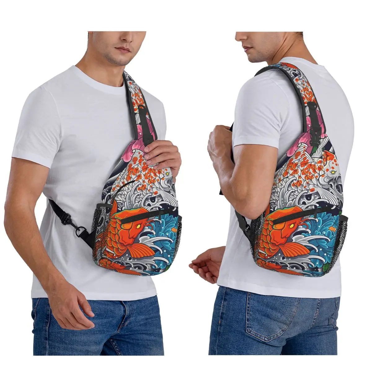 Koi Fish And Floral Pattern Chest Bag Men Sling Crossbody Backpack Chest Bag Traveling Hiking Daypack Shoulder Bag