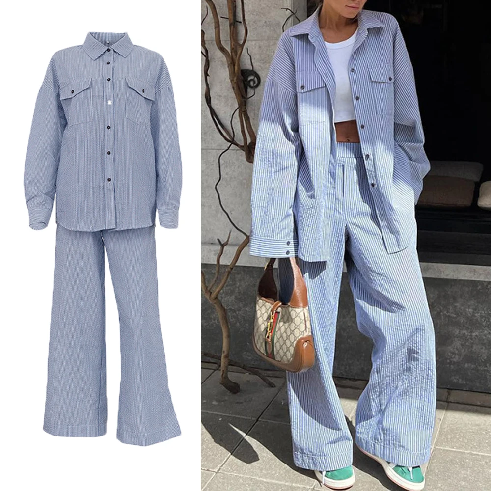 

DriftWear 2025 New Blue Striped Shirt Wide Leg Pants Set Women's Long Sleeve Button Down Blouse with Relaxed Fit & Elastic Waist