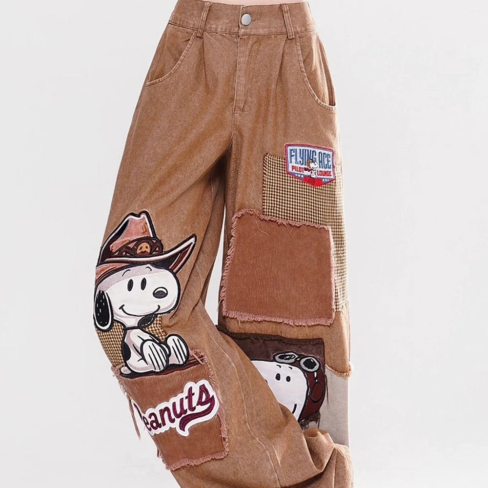 Y2K Retro Snoopy Peanut Loose Denim Pants High Waisted Wide Leg Jeans with Cute Cartoon Patch Design Hip-Hop Street Fashion Pant