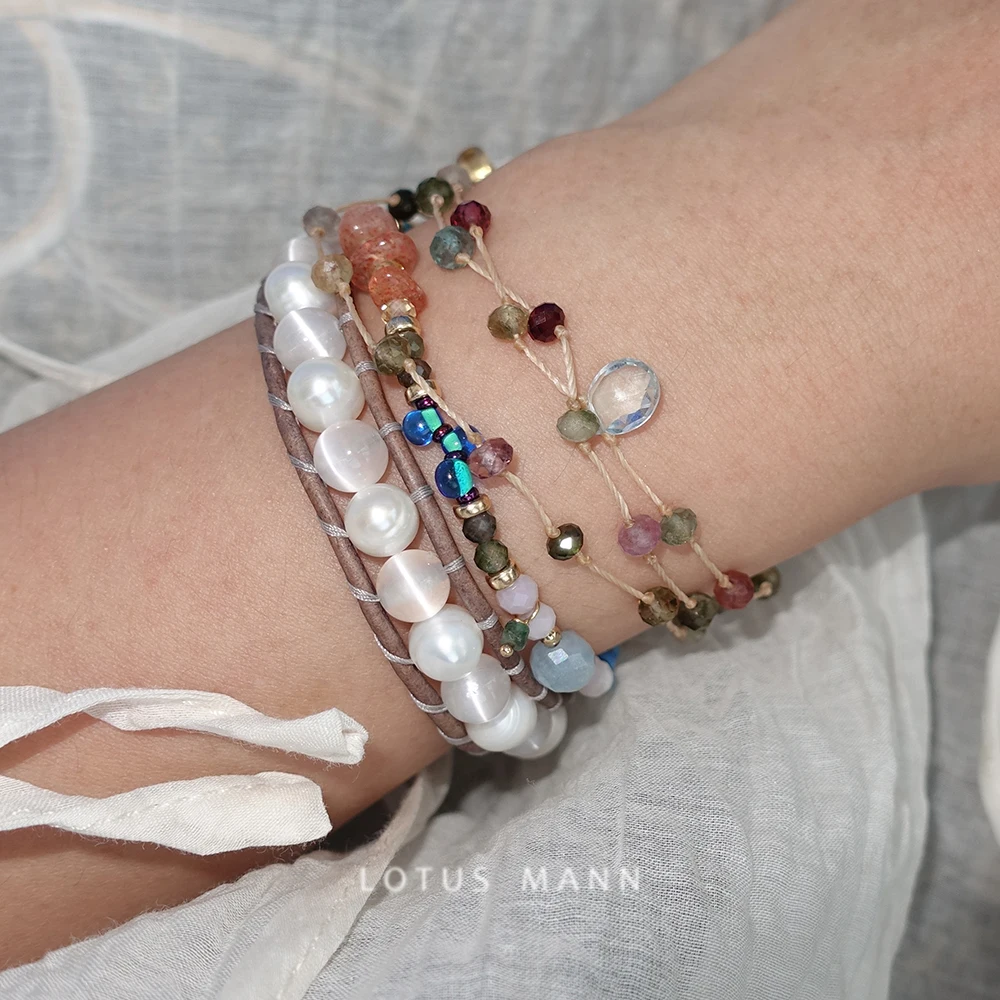 LotusMann Customized Spotlight! Messenger of Light. Natural Opal and Freshwater Pearl Natural Grey Leather Rope Bracelet