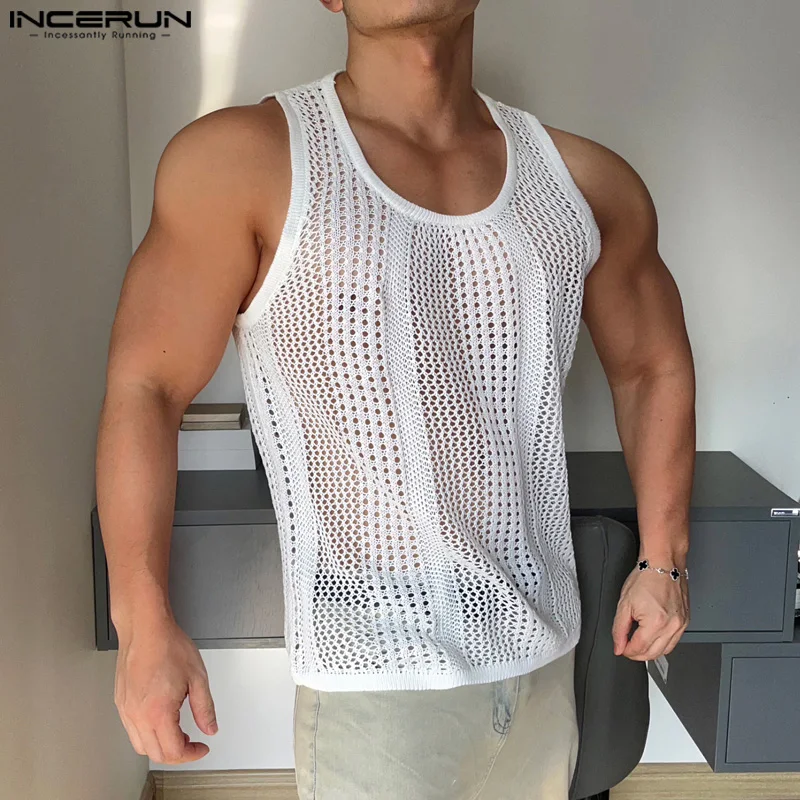 2024 Men\'s Tank Tops Mesh Transparent Summer Solid O-neck Sleeveless Male Vests Streetwear Fashion Men Clothing S-5XL INCERUN