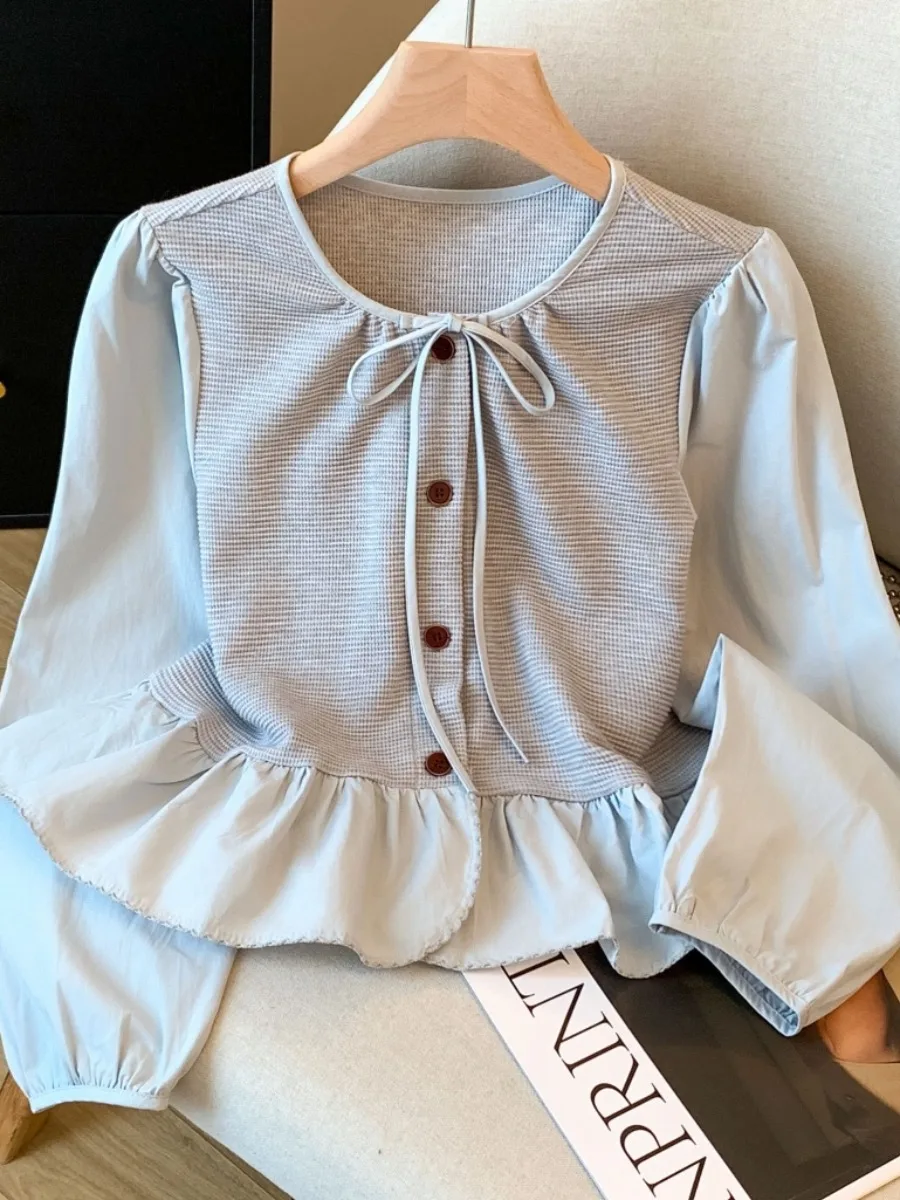 Damen ort Svel Collared Irt Cotton Blend Elastic Fabric Long Sve Tie Waist Color Blo Design Early Autumn Top