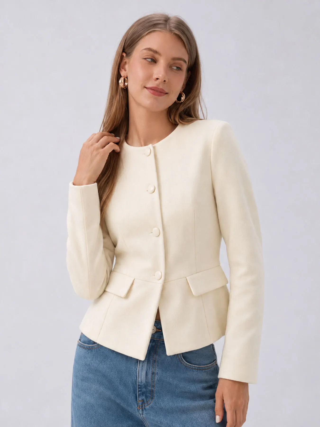 HH Female Classic Single Breasted Outerwear Long Sleeves Fake Pocket Slim Fashion Autumn Coat Casual Party O Neck Blazer
