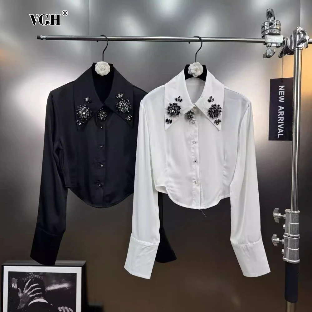 

VGH Solid Offie Lady Shirt for Women Lapel Long Sleeve Pathwork Diamonds Fashionable Slimming Short Style Shirts Female Autumn