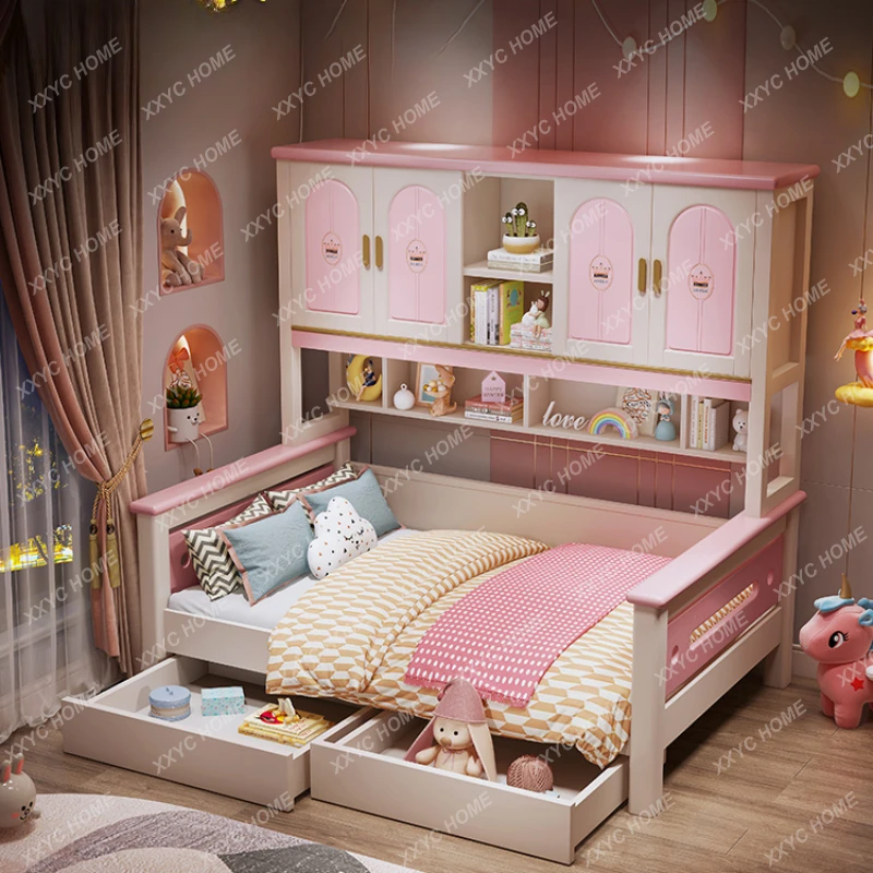 

Solid Wood Bed with Wardrobe Children's Bed Girl Princess Bed Solid Wood Bedroom Multi-Function Bed Wardrobe Integrated