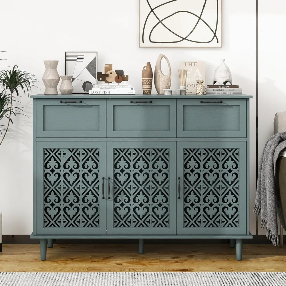 

Sideboard Buffet Cabinet with Storage - Accent Storage Cabinet with Carved Pattern, Modern 3 Door 3 Drawer Cabinet, Farmhouse Wo