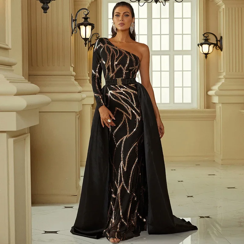 Black one-shoulder long sleeve elegant maxi evening gowns prom dresses