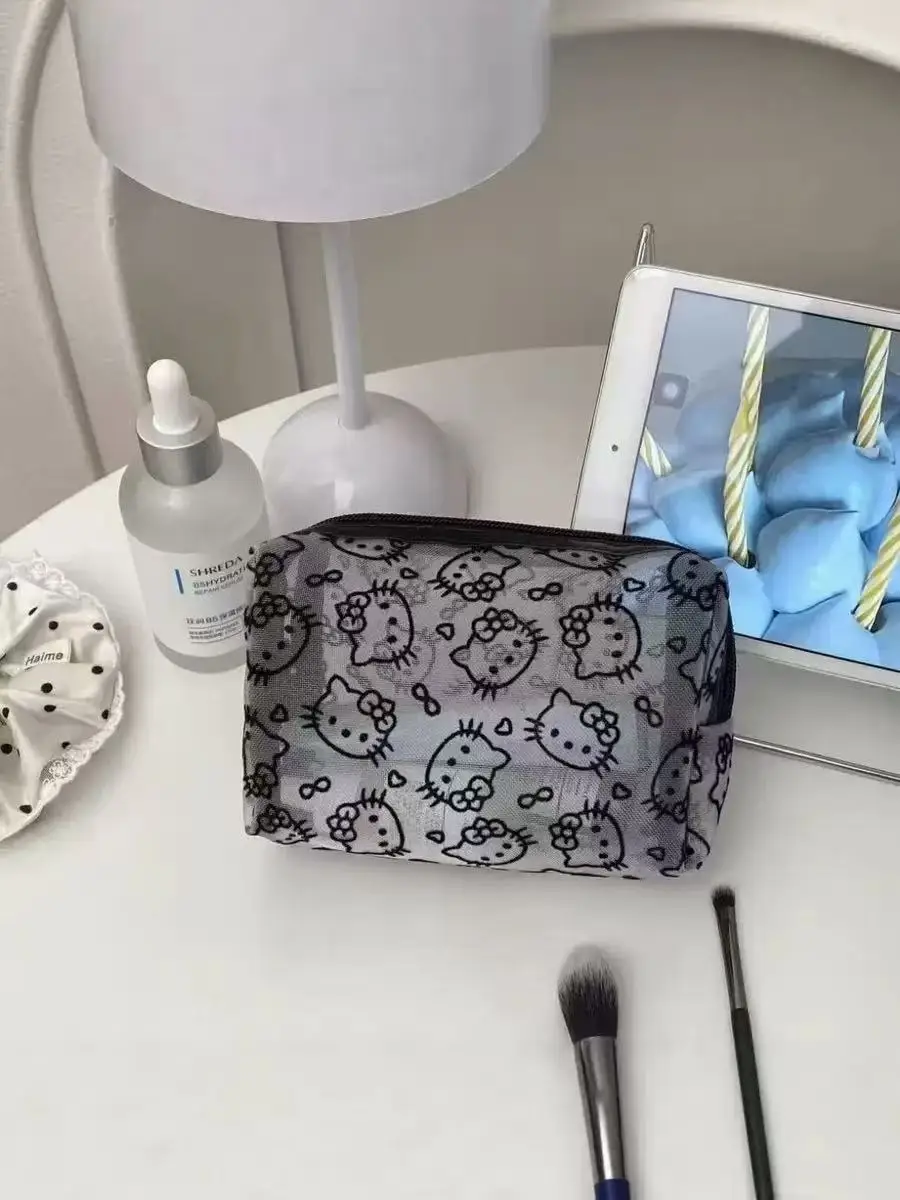 Niedliche Katzen-Make-up-Tasche, einfache Aufbewahrungstasche, tragbar und mit großem Fassungsvermögen, schwarze Make-up-Tasche aus Netzstoff, niedlich und fleckenabweisend.
