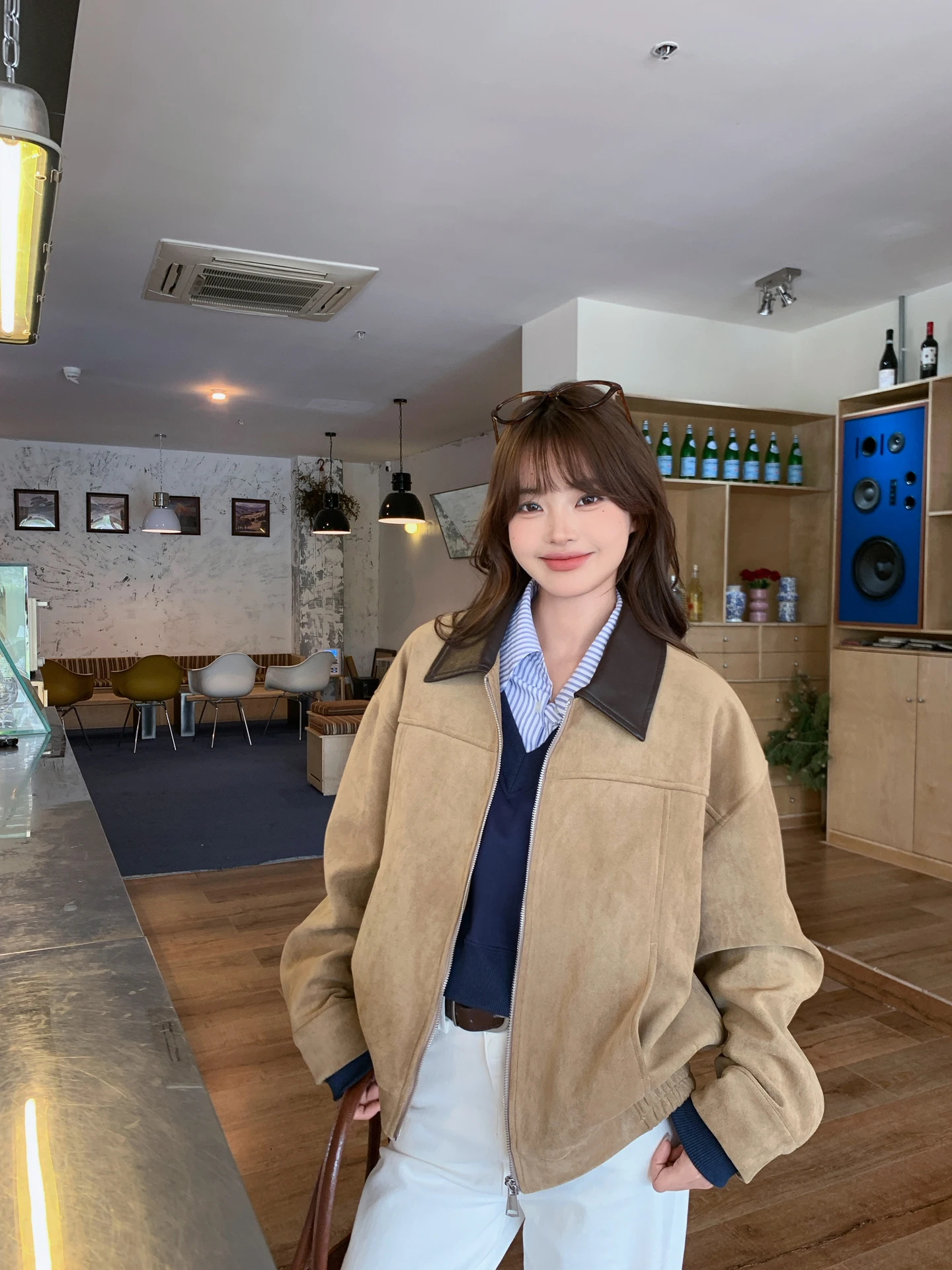 

Retro High-Quali Suede Jaet Women's ort Zipper Outerwear Autumn Winter New Sle Slimming Faionable Korean Stand Fit