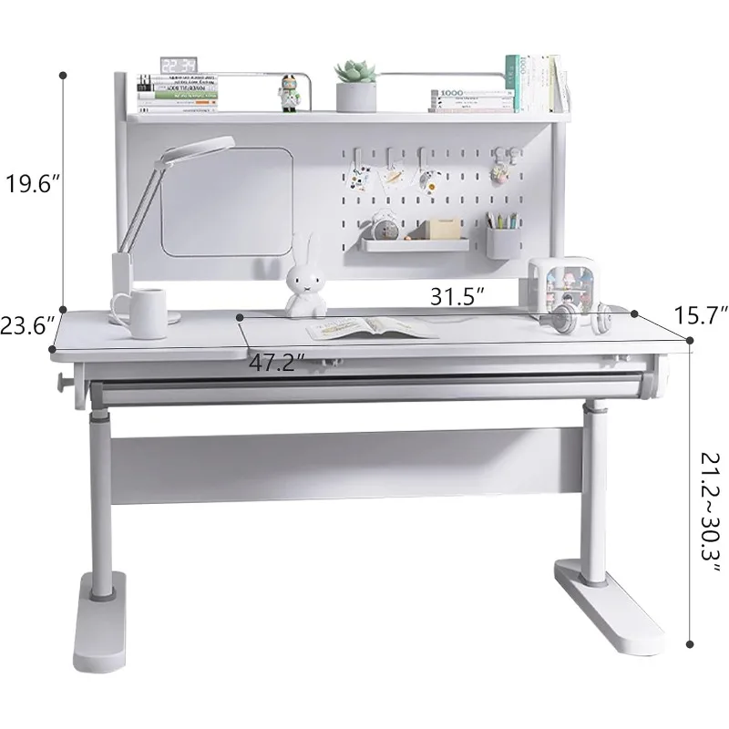 Kids Study Desk, Adjustable Height Wooden Students Desk Tiltable Desktop, Pull Out Storage Drawer with Small Shelf for Writing