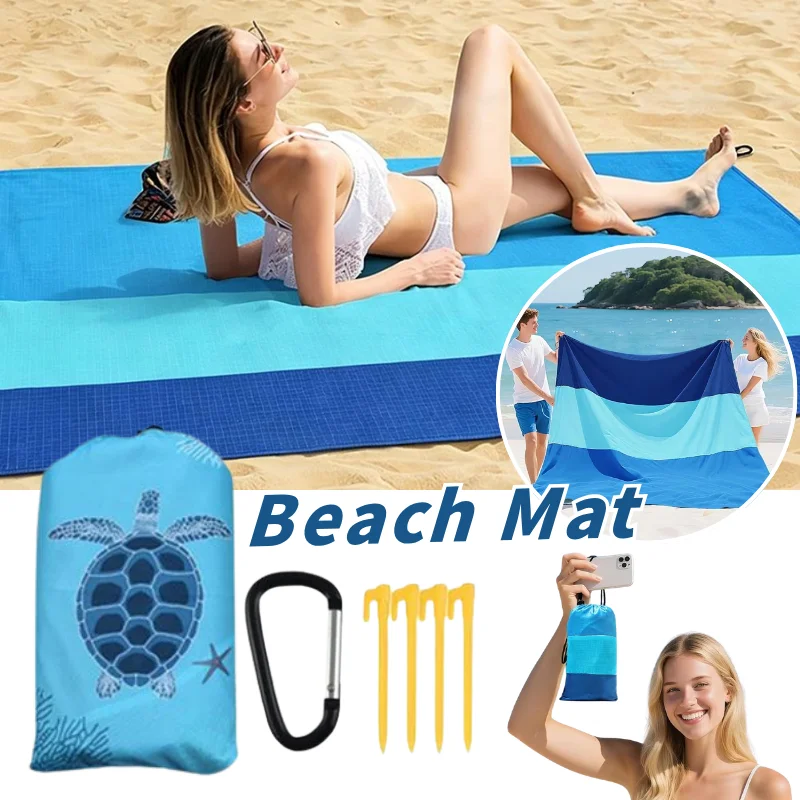 Image of Große tragbare Stranddecke mit Heringen und Tasche, leichte, wasserdichte Campingmatte, schnell trocknende Picknickdecke für Reisen im Freien