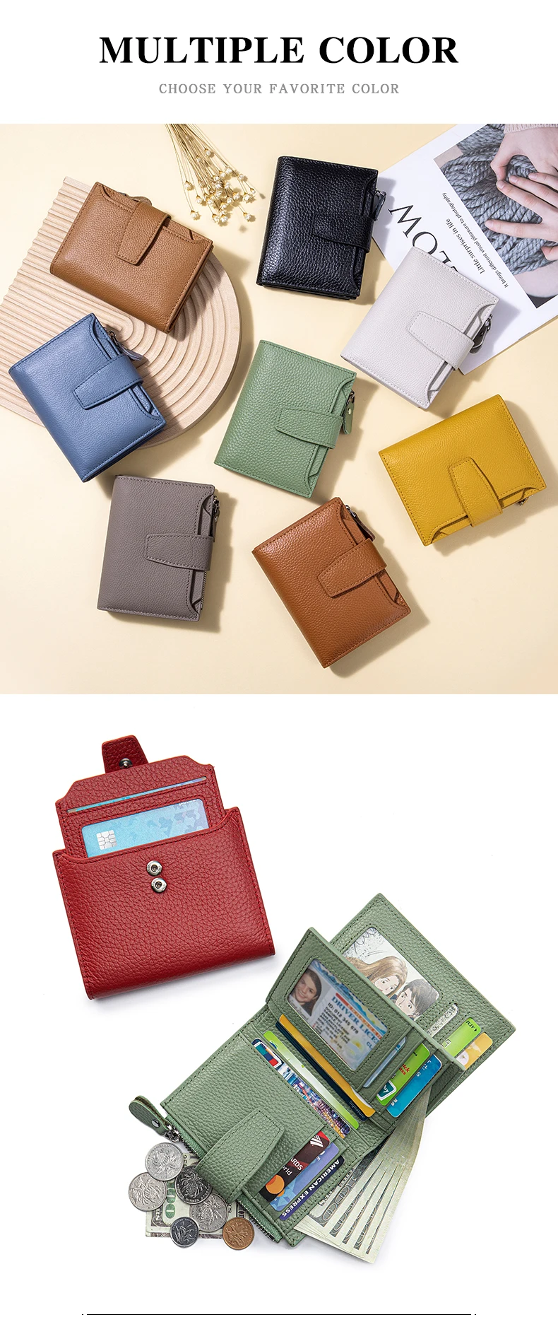 Echtes Leder Damen RFID-Schutz Geldbörse Große Kapazität Bifold Kompakter Kartenhalter Geldbörsen Reißverschluss-Münzfach 4 Ausweisfenster – Detail 2