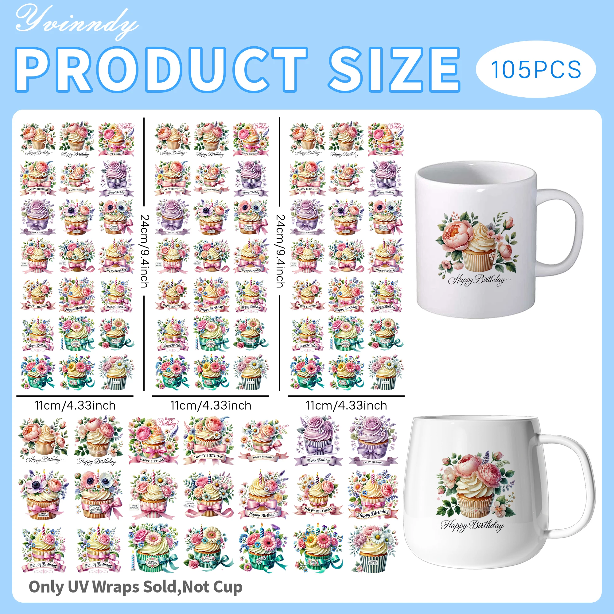 105Pcs/Set Happy Birthday Flower Cake UV DTF Transfer Sticker DIY Craft Kits with Crystal Label 16oz Glass Jars Wrap Stickers