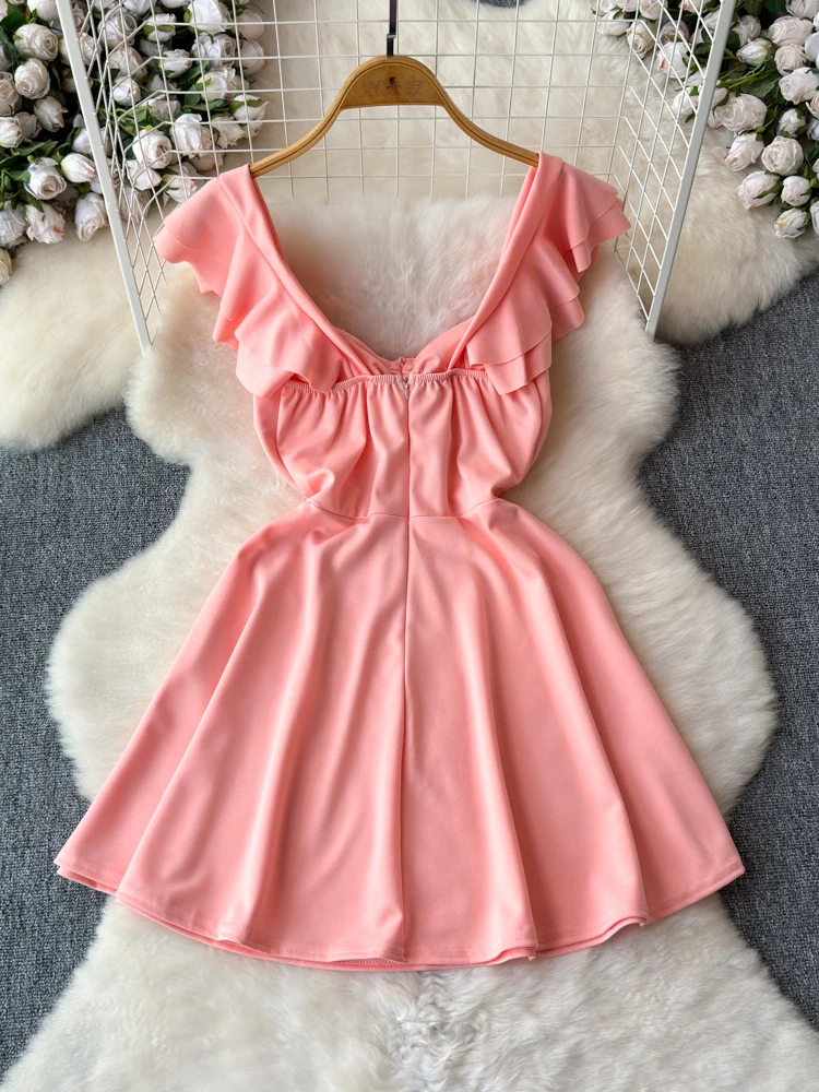 Foamlina seksowna klubowa sukienka damska modna solidna z koronkowym dekolt w szpic wycięty z latającym rękawem wysoka talia letnia krótka sukienka