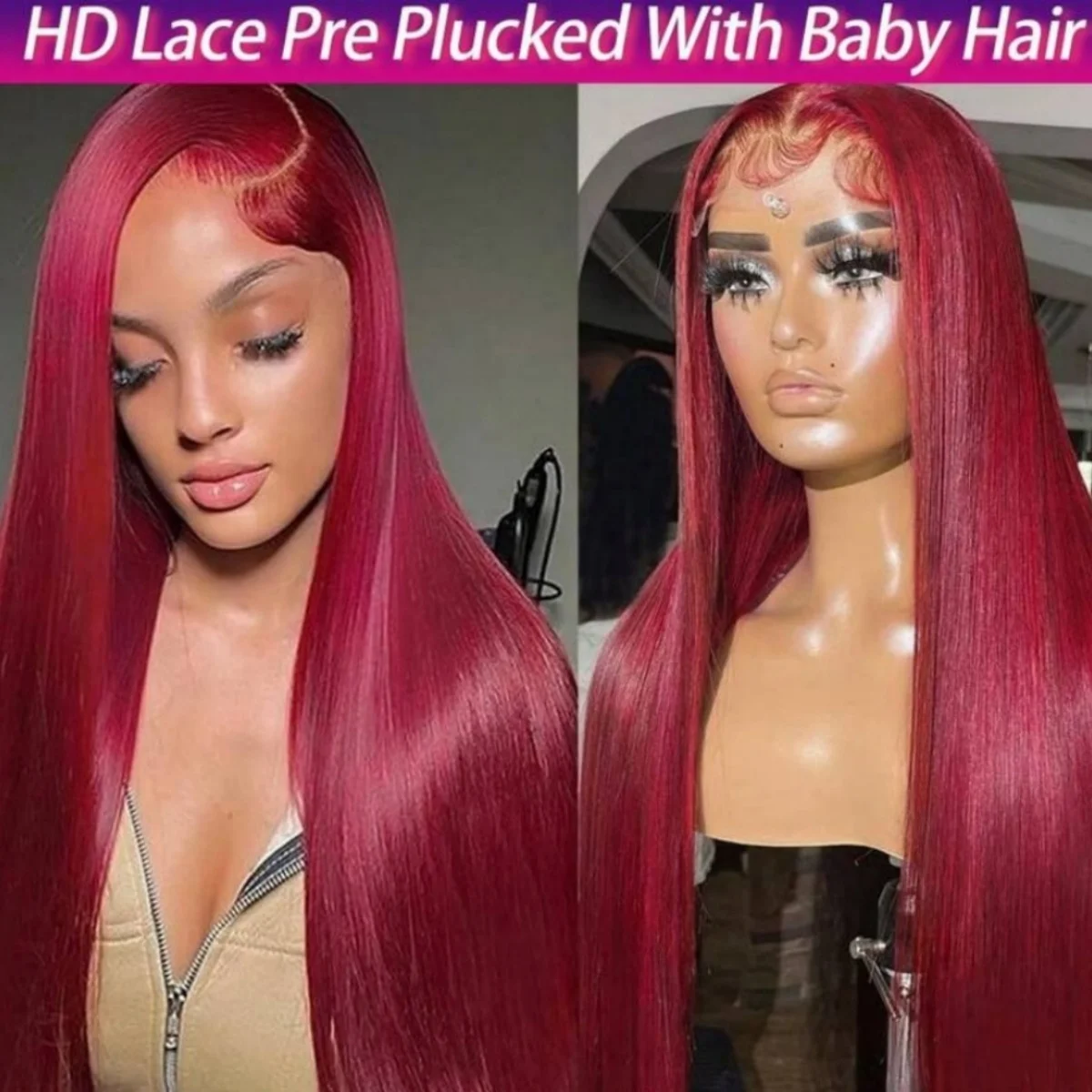 Peluca de cabello humano liso de 13x4, postizo de encaje Frontal, Color rojo vino, predesplumada, 200de densidad, Borgoña 99J