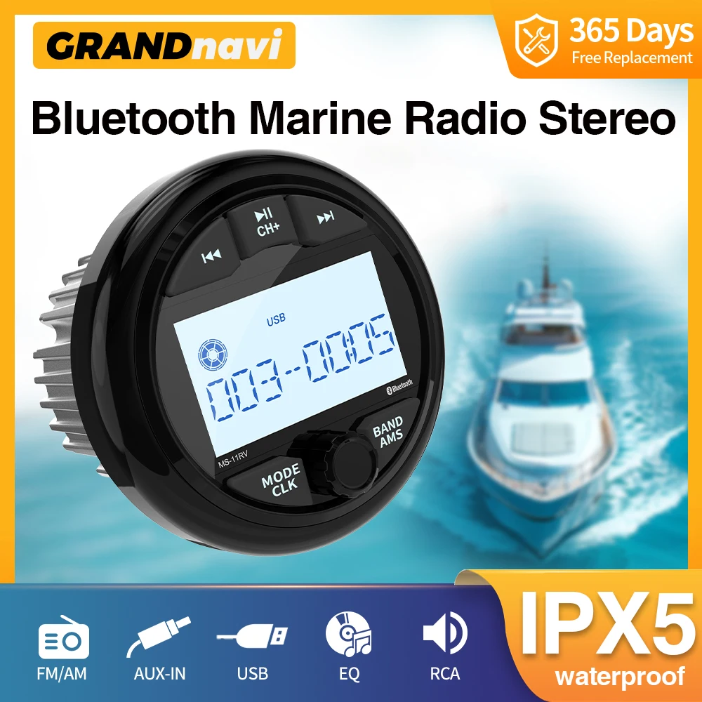 GRANDnavi Marine Stereo Boat Radio IPX5 Waterproof Bluetooth FM AM Digital Media Player For Yacht Gauge ATV UTV Cart Motorcycle