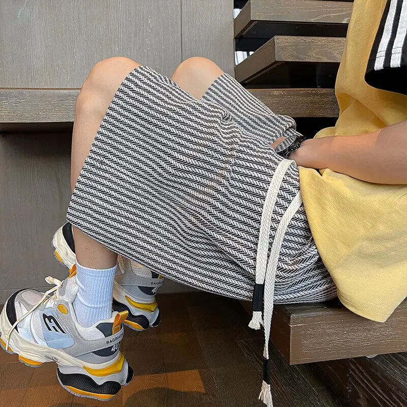 Men's Striped Casual Breathable Shorts Elastic Waist Drawstring Loose Fit Summer Streetwear Lounge Short Pants 5XL