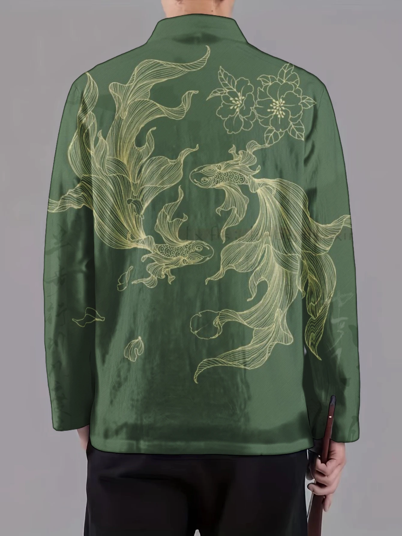 Mens Vintage Tang Suit Coat Mandarin Collar Frog Button Gold Koi Fish Floral Print Long Sleeve Casual Outer Jacket