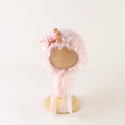 Newborn Knitted Floral Bonnet Handmade Crochet Angola Animal Hat Baby Photography Props Infant Boys Girls Beanie Cap Photo Prop