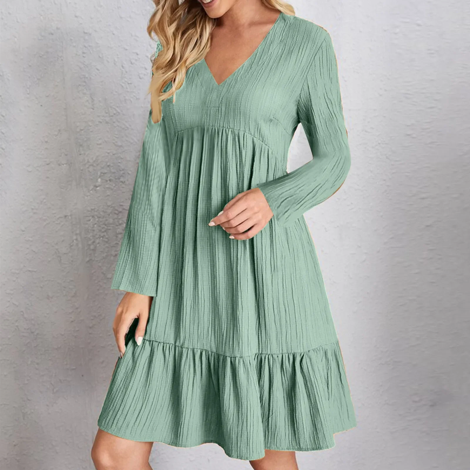 Women Vintage Mini Dresses 2023 Autumn Solid Casual V Neck Ruffles Dress Ladies Boho Loose Beach Party Elegant Dresses Vestidos