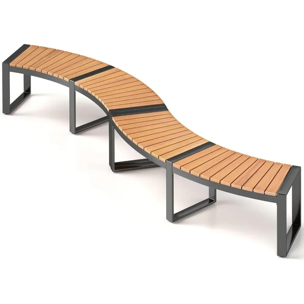 

Patio Curved Bench, Acacia Wood Fire Pit Bench w/Slatted Seat & Metal Legs, Outdoor Backless 2-Person Seating for Yard
