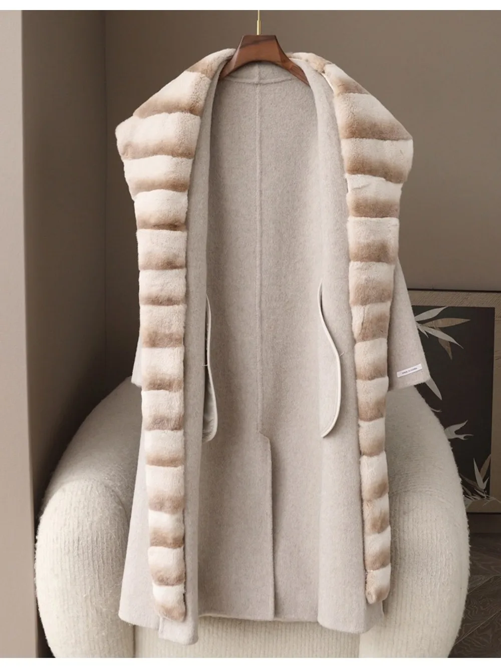 المرأة الطبيعية ريكس الأرنب الفراء الصوف يمزج سميكة الدافئة ملابس خارجية طويلة مع حزام عارضة الفراء الحقيقي هود معطف الشتاء سترة #5