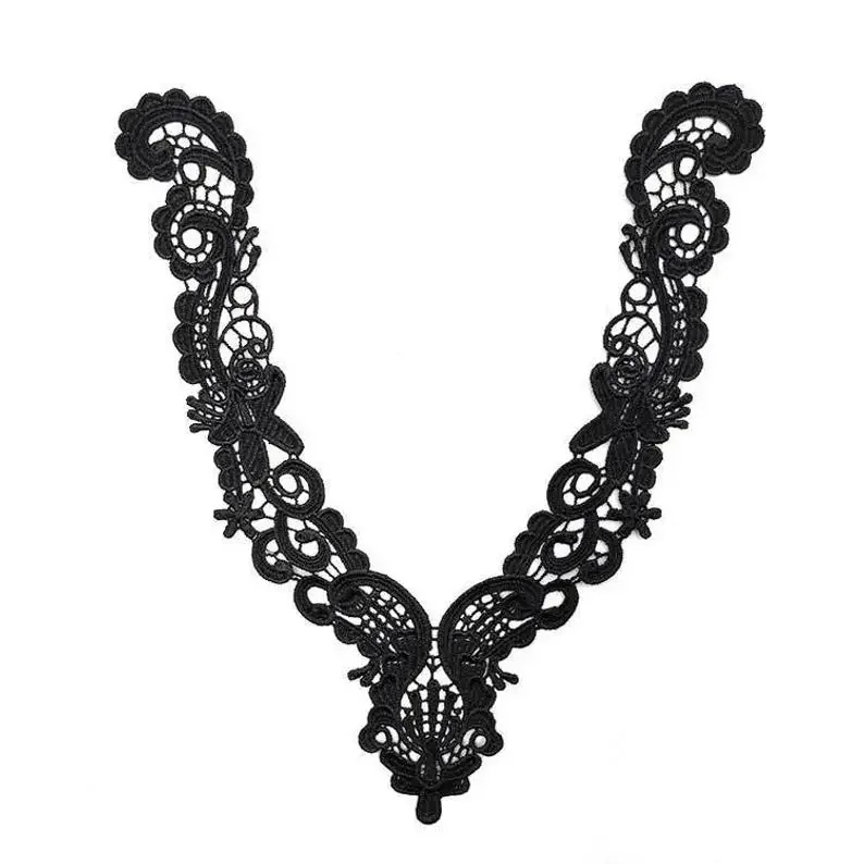 Black V shape crochet venise lace collar/ Water soluble polyester hollow bridal floral lace applique sold by per piece