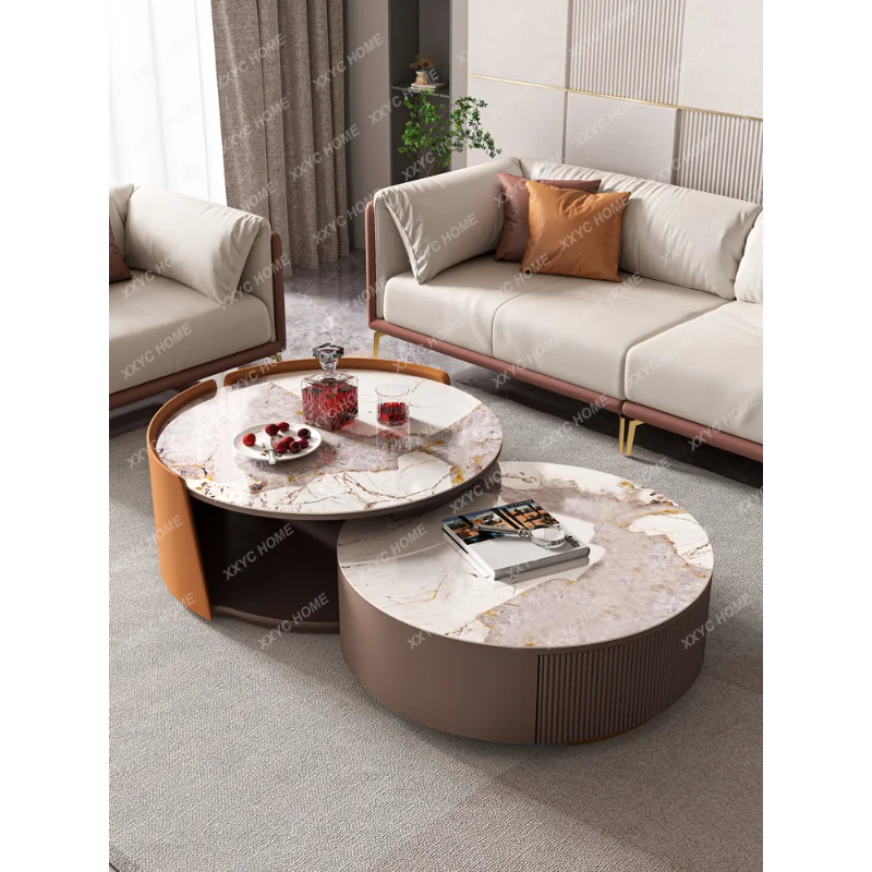 

Round Tea Table Light Luxury Living Room Home Stone Plate Coffee Table TV Cabinet Combination