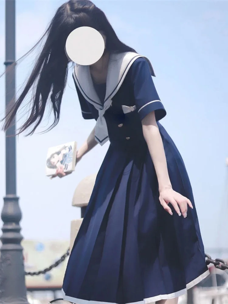 KOSAHIKI Preppy Sweet Woman Dress Sailor Collar Kawaii Vestidos Female Robe Lolita Dresses Summer Cute Women\'s JK Kobieta